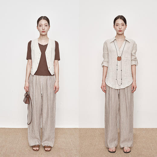 UMILAB｜梦野*舒适慵懒 100%亚麻色织条纹 呼吸感松紧腰长裤E239W 商品图2