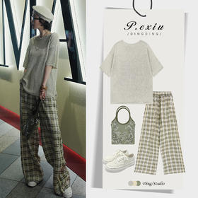 PanYiXiu/潘依绣【元气格子】100%亚麻色织格纹松弛感休闲裤 M8881