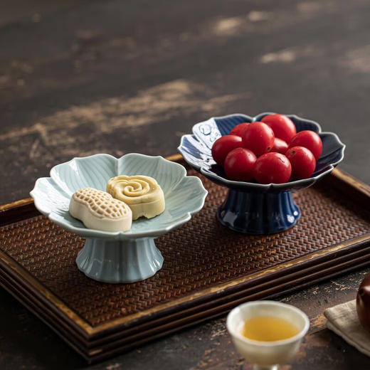 【高脚莲花青莲茶点盘】中式禅意高脚盘精致陶瓷茶点盘复古客厅水果盘茶几点心零食盘家用 商品图7