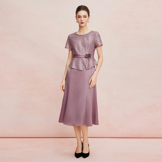 QF8C3斯尔丽25新款礼服立体蕾丝搭配A字摆假两件连衣裙 商品图3