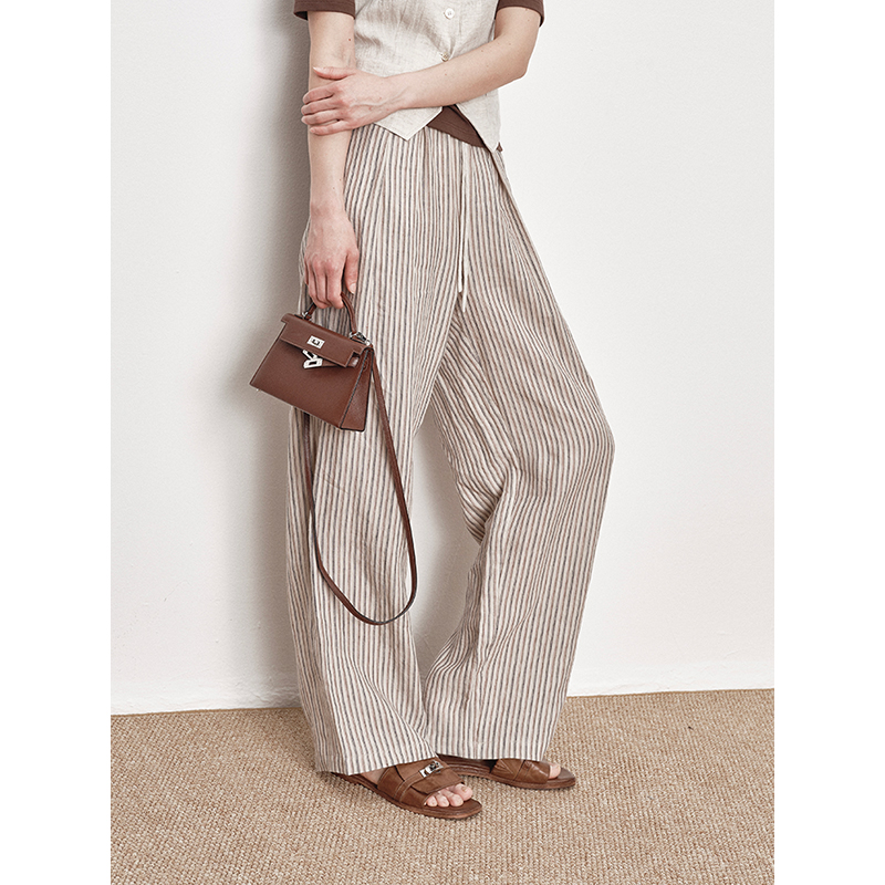 UMILAB｜梦野*舒适慵懒 100%亚麻色织条纹 呼吸感松紧腰长裤E239W