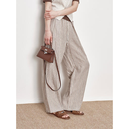 UMILAB｜梦野*舒适慵懒 100%亚麻色织条纹 呼吸感松紧腰长裤E239W 商品图0