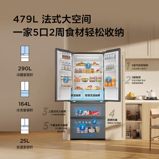 TCL 479升法式多门四开门超薄零嵌入式底部散热双净味双循环冰箱 R479T7-DQ 商品图4