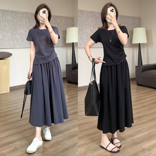 重塑腰线松弛套装裙！2025遮肉收腰开叉短袖T垂感口袋A字裙T裙 商品图4