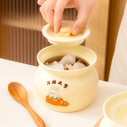 【奶黄兔炖罐】陶瓷隔水炖盅燕窝盅炖罐家用带盖蒸蛋盅煨汤小瓦罐婴儿辅食一人食 商品图3