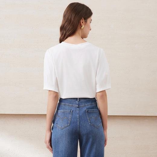 EITIE爱特爱夏季新款圆领亮片刺绣印花短袖纯棉T恤上衣女7702403 商品图9