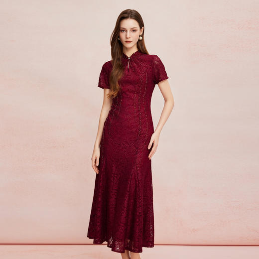 QF8C6斯尔丽25新款改良旗袍款刺绣蕾丝立体烫钻鱼尾长裙礼服宴会连衣裙 商品图0