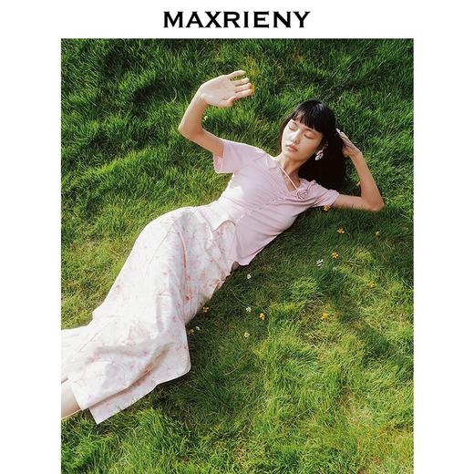 MAXRIENY复古春日氛围感印花开叉半裙高腰抽褶长裙2025春季新款(货号:MS86SK036) 商品图1