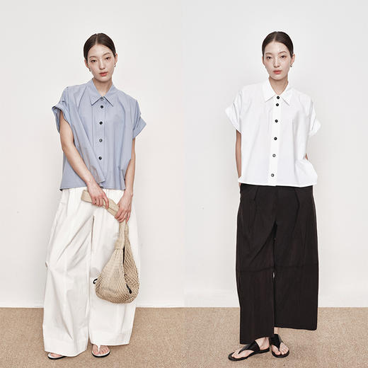 UMILAB｜蓝屿*低饱和美学 100%棉设计感三折袖廓形短袖衬衫H1272W 商品图1