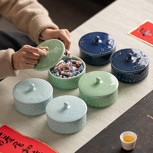 【陶瓷带盖果篮】中式陶瓷带盖干果收纳盒茶室糖果零食茶点盘可叠加家用客厅点心盒 商品图4