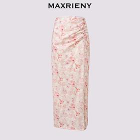 MAXRIENY复古春日氛围感印花开叉半裙高腰抽褶长裙2025春季新款(货号:MS86SK036)