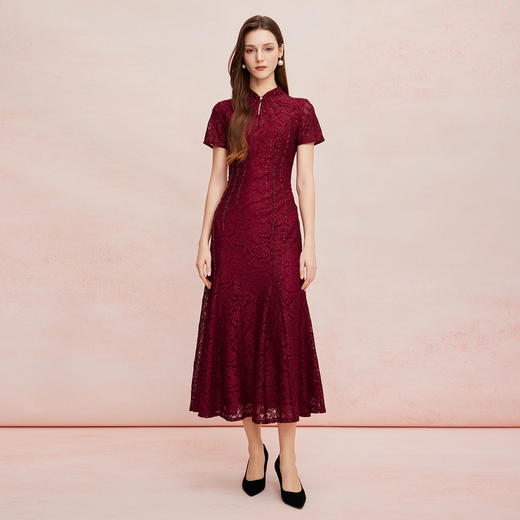 QF8C6斯尔丽25新款改良旗袍款刺绣蕾丝立体烫钻鱼尾长裙礼服宴会连衣裙 商品图3