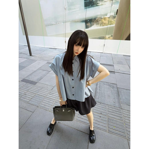 UMILAB｜蓝屿*低饱和美学 100%棉设计感三折袖廓形短袖衬衫H1272W 商品图2