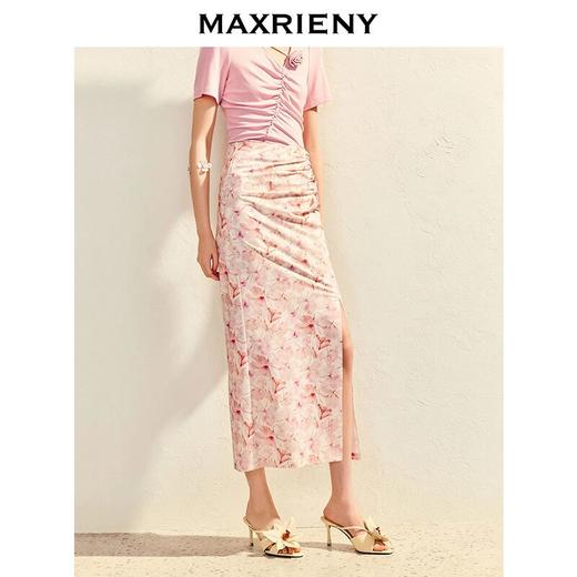 MAXRIENY复古春日氛围感印花开叉半裙高腰抽褶长裙2025春季新款(货号:MS86SK036) 商品图3