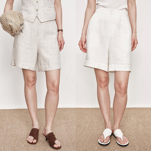 UMILAB｜白茶*静奢亚麻系列 100%水洗亚麻 极简半松紧短裤P1270W 商品图0