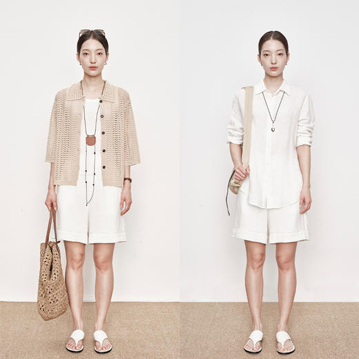 UMILAB｜白茶*静奢亚麻系列 100%水洗亚麻 极简半松紧短裤P1270W 商品图3