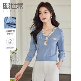 【年终特卖】熙世界2025秋新款小香风织带V领针织T恤女时尚洋气减龄长袖上衣