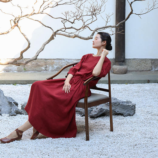 绽放旅行女装261朵/铜氨天丝亚麻灯笼袖通带系带七八分袖连衣裙子 商品图1