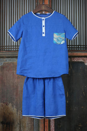 盛唐牡丹| Kids 天然亚麻宋锦短袖套装