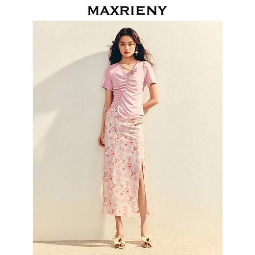 MAXRIENY复古春日氛围感印花开叉半裙高腰抽褶长裙2025春季新款(货号:MS86SK036) 商品图2