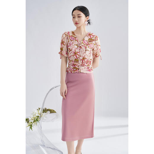 【休闲套装】2025夏季时尚真丝印花泡泡袖衬衫显瘦直筒半身裙3733 商品图1