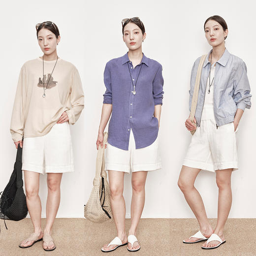 UMILAB｜白茶*静奢亚麻系列 100%水洗亚麻 极简半松紧短裤P1270W 商品图1