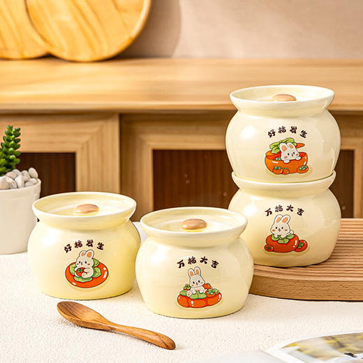 【奶黄兔炖罐】陶瓷隔水炖盅燕窝盅炖罐家用带盖蒸蛋盅煨汤小瓦罐婴儿辅食一人食 商品图6