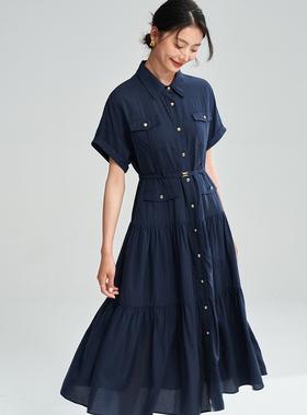 夏季新款凯旋门连衣裙天丝棉翻领知性率真短袖衬衫连衣裙