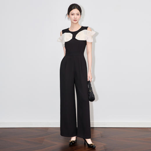 「高货wl」全新升级【铂金会员367/天猫499/差价132】(11852)洛诗琳2025夏季蝴蝶结拼接设计感醋酸高腰阔腿连体裤女 商品图0