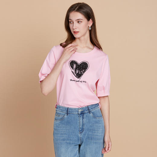 EITIE爱特爱夏季新款圆领亮片刺绣印花短袖纯棉T恤上衣女7702403 商品图2