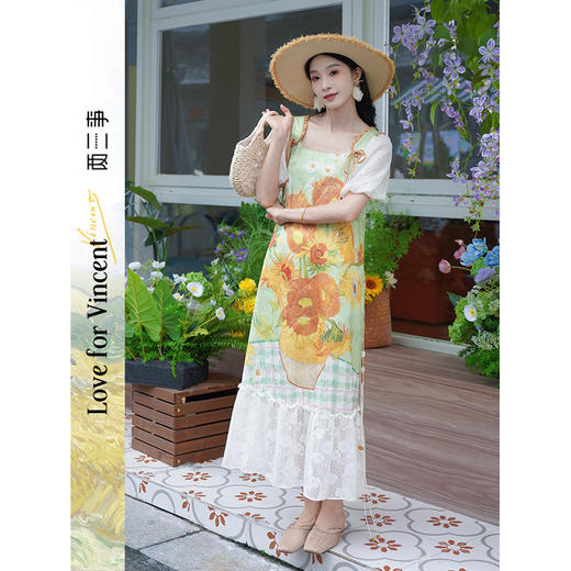 两三事梵高文艺满园假日2025夏季新款蕾丝拼接印花泡泡袖连衣裙 商品图0