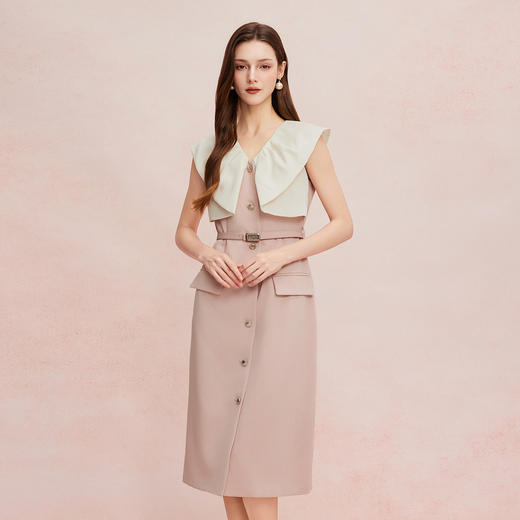 QF8C2斯尔丽25新款直身优雅白领气质轻奢宴会撞色立裁领连衣裙 商品图0