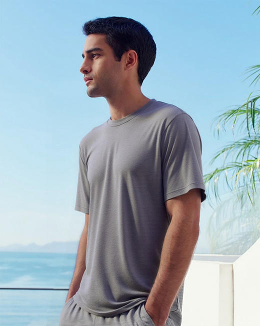 官网399！爱家男士轻享系列60S双纱莫代尔短袖上衣 原纱凉感百搭圆领休闲T恤运动家居 商品图2