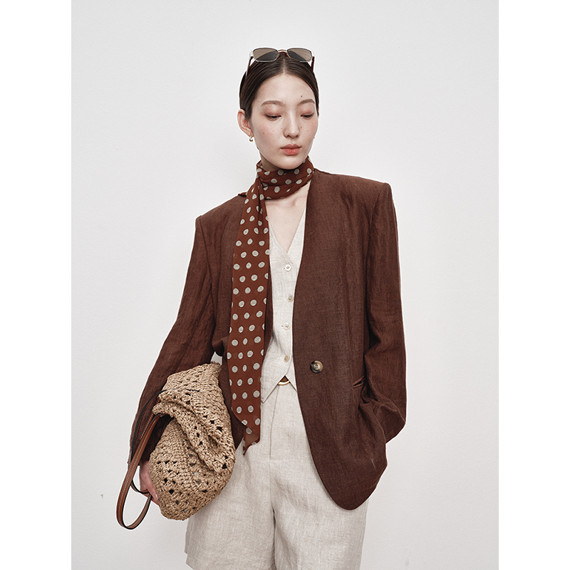 UMILAB｜醒山*静奢亚麻系列 长期主义 汉亚麻无领薄垫肩西装C938W