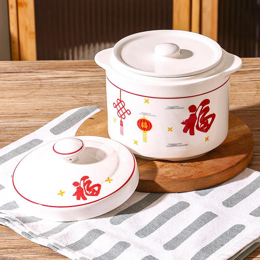 【红福双盖炖盅】中式陶瓷隔水炖盅带盖双耳炖燕窝盅蒸蛋盅家用炖汤小号瓦罐一人份 商品图6