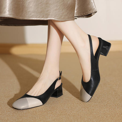 【预售5天】方头粗跟包头凉鞋女夏新款拼色真皮浅口高跟鞋时尚后空跟凉鞋ZF&25091 商品图4