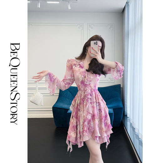 BeQueenStory【春日紫罗兰】法式轻奢荷叶边欧若风连衣裙女新款 商品图0