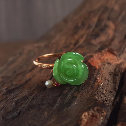 【天然正品】AU750玫瑰金镶钻镶无黑点苹果绿玫瑰花造型和田玉碧玉戒指16.5号（戒圈可改）女士现售价：1880！160525TJ05 商品图4