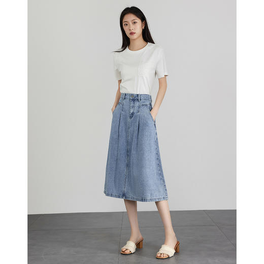 【五折购】熙世界洗水复古蓝牛仔半身裙女2025秋季新款高腰中长款a字伞裙 商品图3