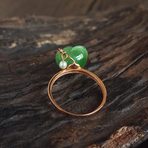 【天然正品】AU750玫瑰金镶钻镶无黑点苹果绿玫瑰花造型和田玉碧玉戒指16.5号（戒圈可改）女士现售价：1880！160525TJ05 商品图5