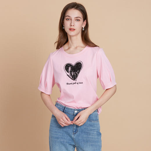 EITIE爱特爱夏季新款圆领亮片刺绣印花短袖纯棉T恤上衣女7702403 商品图3