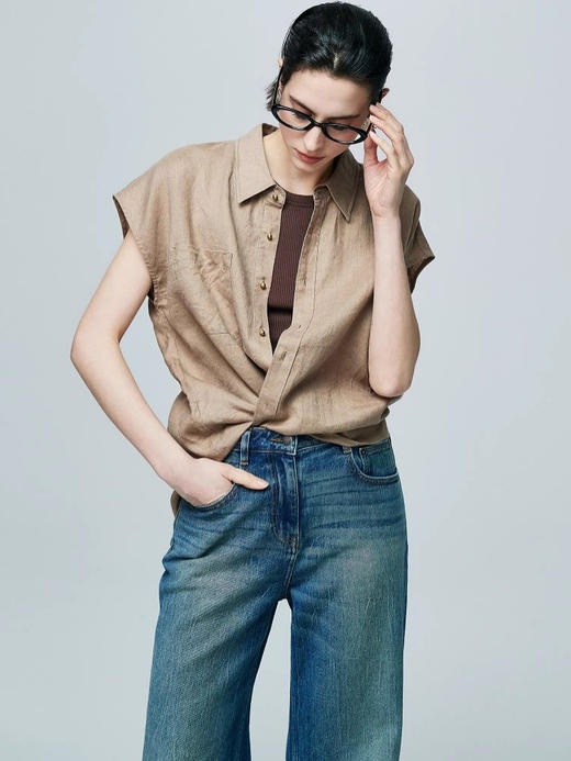 法式高级宽松酒红色亚麻衬衫女夏季新款复古小金扣翻领短袖衬衣女 商品图3