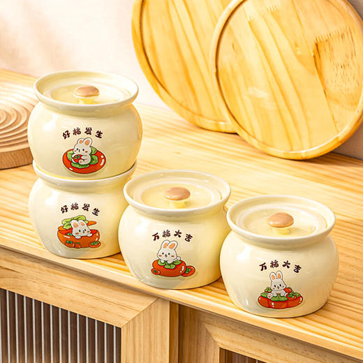 【奶黄兔炖罐】陶瓷隔水炖盅燕窝盅炖罐家用带盖蒸蛋盅煨汤小瓦罐婴儿辅食一人食 商品图8