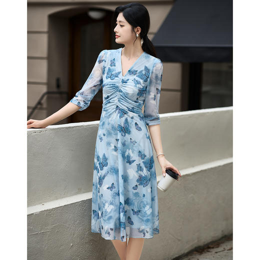 米思阳2026春季网纱裙浪漫法式印花裙设计感抽褶清新粉色连衣裙3711 商品图0