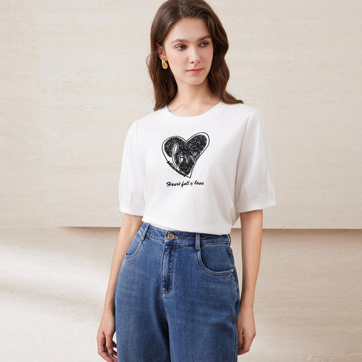 EITIE爱特爱夏季新款圆领亮片刺绣印花短袖纯棉T恤上衣女7702403 商品图6