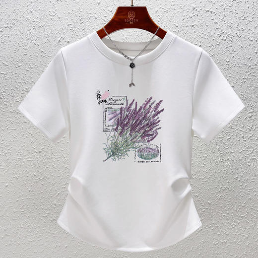 「自」全新升级【铂金会员119/天猫159/差价40】(11638)洛诗琳气质印花圆领T恤2025夏季新款重工刺绣收腰短袖上衣女 商品图2