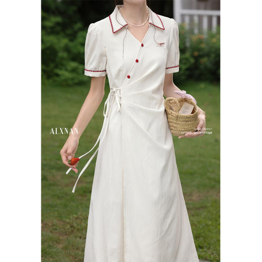 鹿向南「港岛庄园」气质POLO领杏色短袖连衣裙收腰显瘦长裙女夏季 商品图1