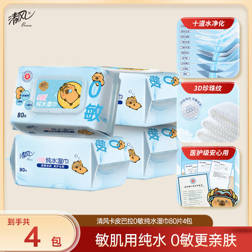 【品牌优选】清风EDI纯水湿巾80片4包箱装卡皮巴拉小黄豚联名 商品图0