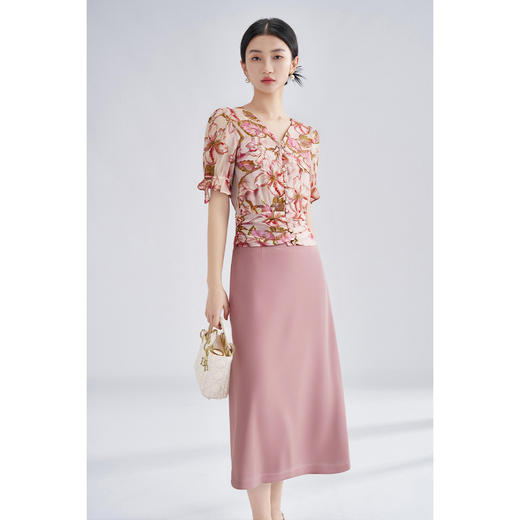 【休闲套装】2025夏季时尚真丝印花泡泡袖衬衫显瘦直筒半身裙3733 商品图0