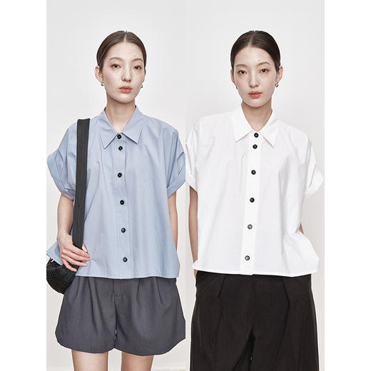 UMILAB｜蓝屿*低饱和美学 100%棉设计感三折袖廓形短袖衬衫H1272W 商品图0